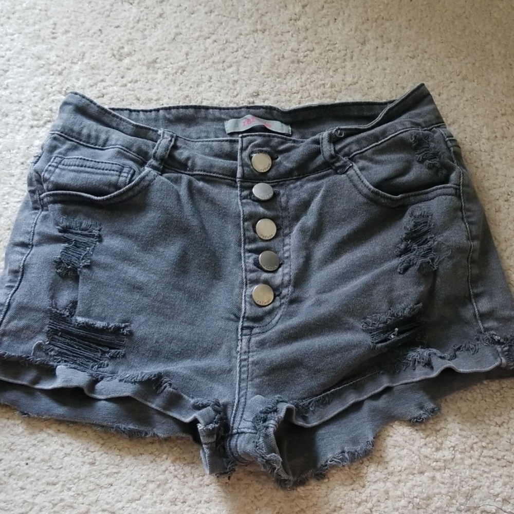 Grey stretch high waist distressed shorts